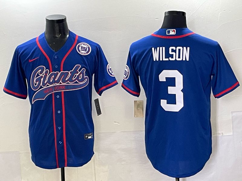 Men 2025 New York Giants #3 Wilson Blue Joint Name Nike Limited NFL Jersey style 06